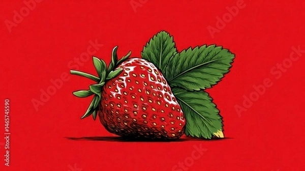 Fototapeta Vibrant Strawberry with Green Leaves on a Bold Red Background