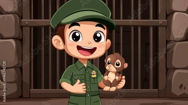 Fototapeta Zookeeper with a baby monkey smiling in front of an enclosure perfect for animal care and wil