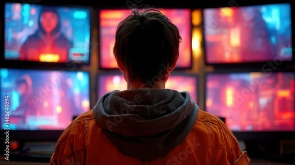 Fototapeta A shadowy hacker in a hood types furiously on glowing screens, surrounded by the tense ambience of a digital underworld.