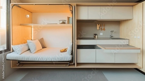 Fototapeta Space-Saving Modern Micro-Apartment Design: Multifunctional Furniture for Compact Living