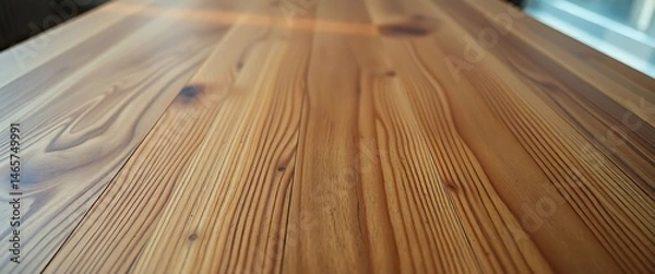 Fototapeta close up of a wooden table with a window in the background