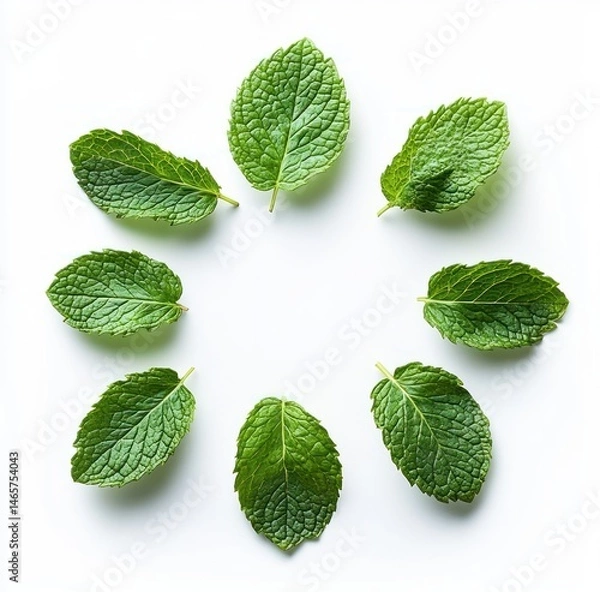 Fototapeta Eight fresh green mint leaves arranged in a circular pattern on a white background, showcasing vibrant textures and natural freshness