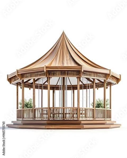 Fototapeta Octagonal wooden gazebo with conical roof, featuring a suspended swing and potted plants