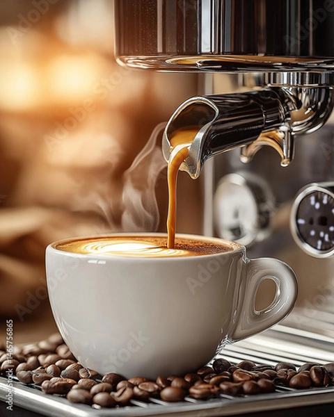 Fototapeta Espresso Stream Pouring into White Cup on Machine Tray with Coffee Beans
