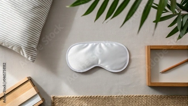 Obraz A white satin sleep mask is placed on a light-colored surface next to a striped pillow and a green plant in a pot, with a wooden tray and pencil visible, creating a serene scene of relaxation