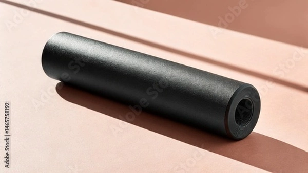Fototapeta A black cylindrical object, possibly a sound suppressor or filter, lies diagonally on a pink surface with a shadow cast to the right, suggesting themes of technology, silence, control