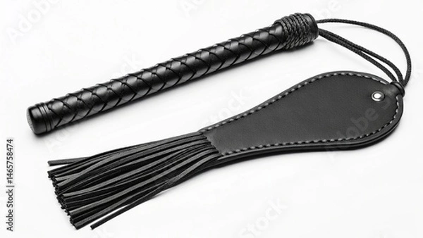 Fototapeta A close-up of a black leather object with a textured handle and a broad, fringed end, presented on a clean white surface, emphasizing its design and the quality of the material.
