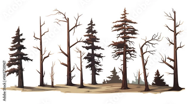 Fototapeta Detailed flat vector illustration of dead pine trees wood shapes for designs
