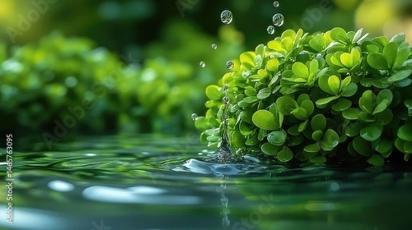 Fototapeta A macro shot captures water droplets falling near vibrant green foliage, creating ripples with a natural, serene.