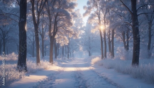 Fototapeta Hyper-Realistic Snowy Forest Path with Cinematic Lighting – Serene Winter Landscape in 8K