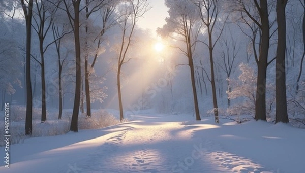 Fototapeta Hyper-Realistic Snowy Forest Path with Cinematic Lighting – Serene Winter Landscape in 8K
