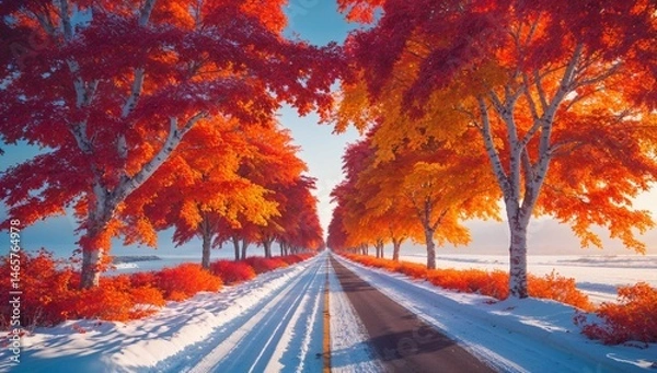 Fototapeta Surreal Winter Road with Colorful Maple Trees and Snow – Scenic Landscape Photography