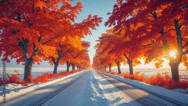 Fototapeta Surreal Winter Road with Colorful Maple Trees and Snow – Scenic Landscape Photography