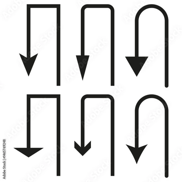 Fototapeta Downward arrow icon. Turned path symbol. Vertical movement vector. Black linear shape.