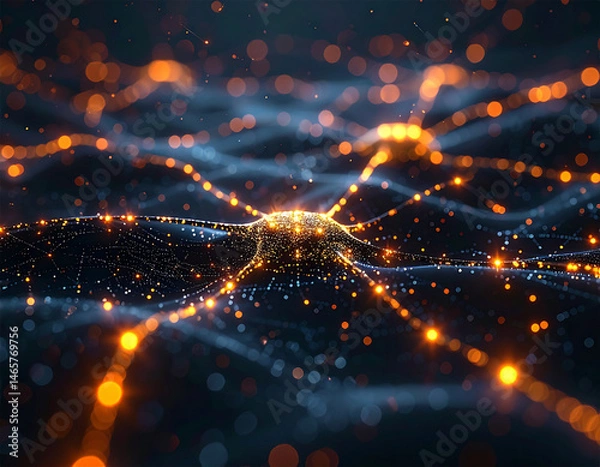 Fototapeta Abstract visualization of neural network connections with glowing lines and digital particles. Ideal for AI, big data, and futuristic technology concepts.