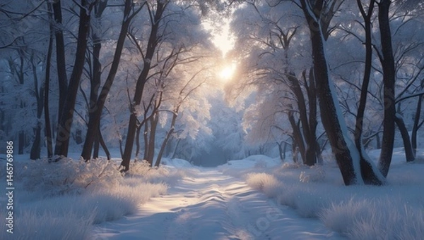 Fototapeta Hyper-Realistic Snowy Forest Path with Cinematic Lighting – Serene Winter Landscape in 8K