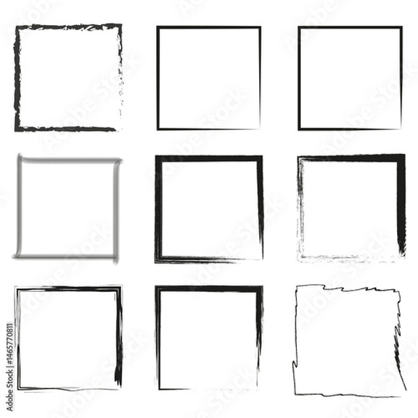 Obraz Square frame set. Brush stroke texture. Grayscale border detail. Vector illustration.