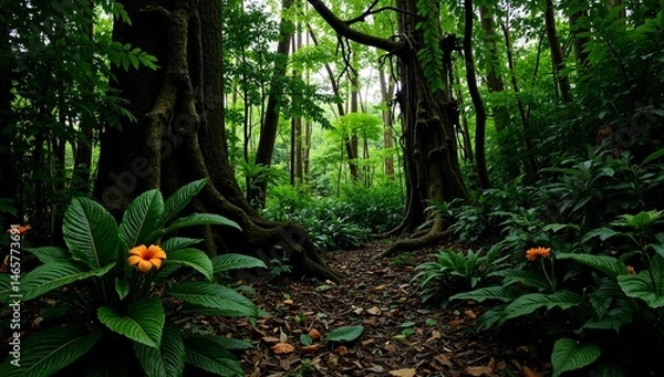 Fototapeta Lush tropical rainforest with trees and orange flowers