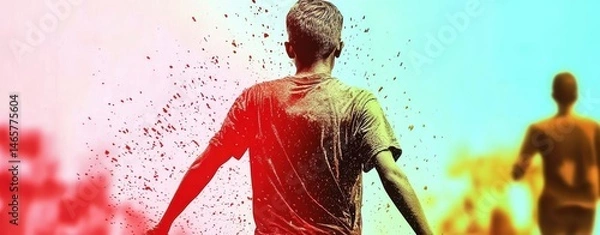 Fototapeta Person Running Through Colorful Splashes at Sunset in a Landscape