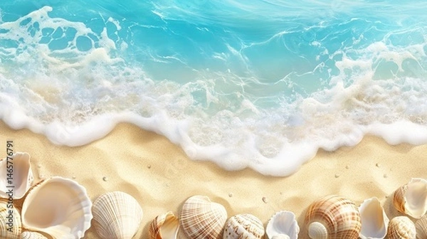 Fototapeta Seashore scene with foamy waves and shells