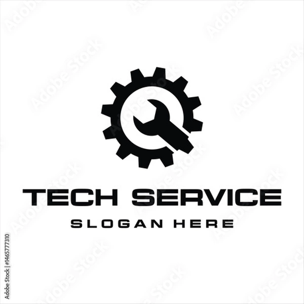 Fototapeta Repair service logo design template. Wrench and gear sign isolated on white background.