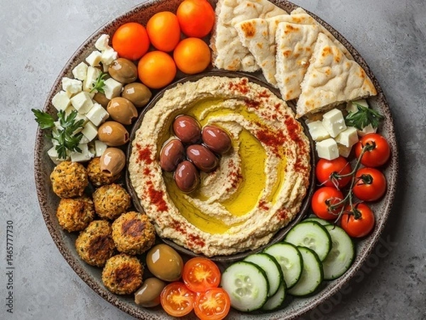Fototapeta Vibrant Mediterranean appetizer platter featu creamy hummus topped with olive oil and paprika garnished with fresh vegetables pita bread falafel and assorted olives