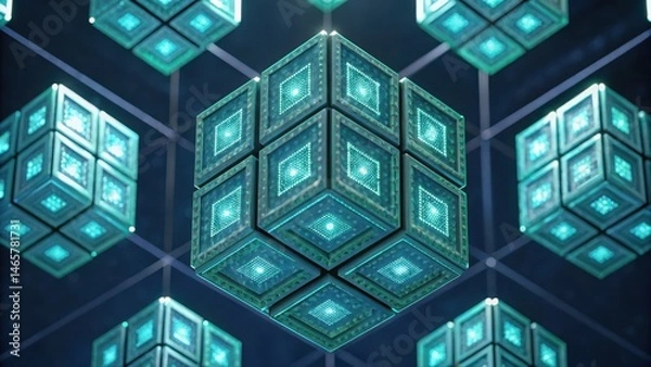 Fototapeta Advanced digital technology and futuristic glowing cube network with interconnected illuminated 3D geometric blocks and virtual reality concept in deep blue tones
