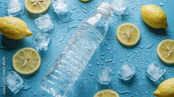 Fototapeta Refreshing Lemon Water with Ice Cubes and Lemon Slices on a Bright Blue Surface for Hydration and Cooling Beverage Enjoyment Du Summer Days