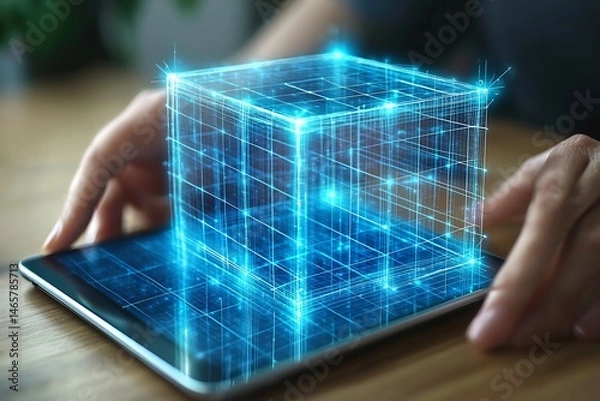 Obraz Glowing cube digital model above tablet