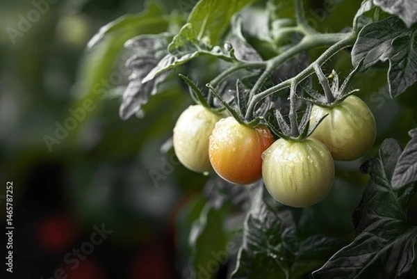 Fototapeta Close-up of a cluster of green and one ripening orange cherry tomatoes hanging on the vine with water droplets and dark green leaves in soft focus background