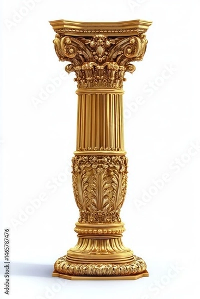 Fototapeta Ornate golden classical column with intricate floral and scrollwork carvings on a fluted shaft, exuding elegance and historical grandeur
