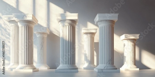 Fototapeta Group of six classical white marble columns of varying heights with fluted shafts standing indoors illuminated by soft natural light casting shadows on the wall