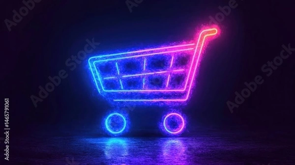 Fototapeta Neon Shopping Cart: E-commerce and Online Retail Concept