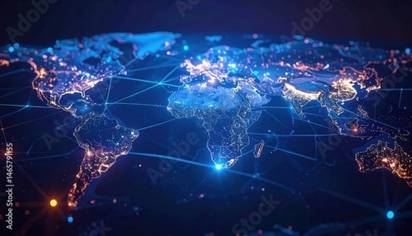 Fototapeta Global digital connectivity map illustrating world infrastructure with bright network lines and illuminated continents in a high-tech futuristic style