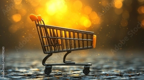 Fototapeta Sunset Shopping Cart Miniature: A Golden Hour E-commerce Concept