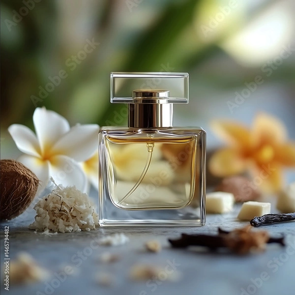 Obraz a small bottle of perfume front view randomly surrounded by perfume notes and ingredients of vanilla coconut neroli sandalwood depth of field minimalist superresolu