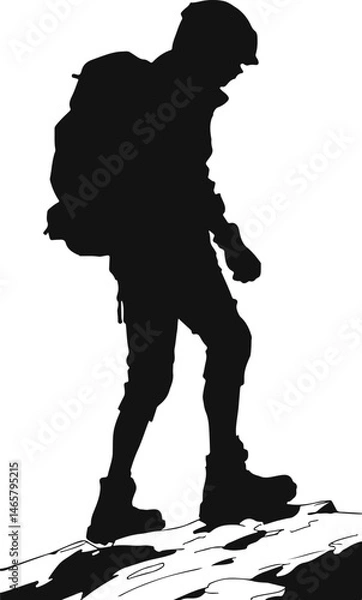 Fototapeta Silhouette of a hiker with a backpack walking on uneven rocky terrain, symbolizing adventure, exploration, and outdoor trekking