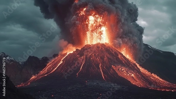 Fototapeta Dramatic volcanic eruption against a stormy sky displaying nature's awesome power