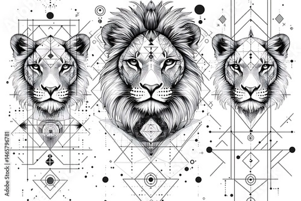 Obraz Three majestic lion heads, geometric patterns