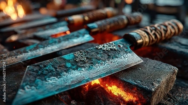 Fototapeta Crafted Damascus Steel Knife on Forge with Glowing Embers Handmade Weapon Traditional Blacksm