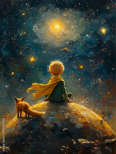 Obraz Prompt Create a vibrant impressioniststyle oil painting shows the back of The Little Prince sit on the top of a big yellow planet wearing a long yellow scarf green