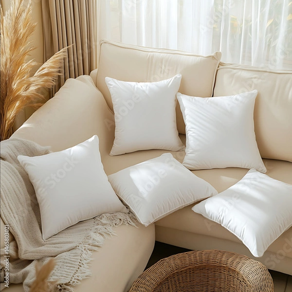 Obraz High angle photo shot of four square pillowsthere are only four square pillows in the picture two square pillows are placed on the couch and two square pillows are