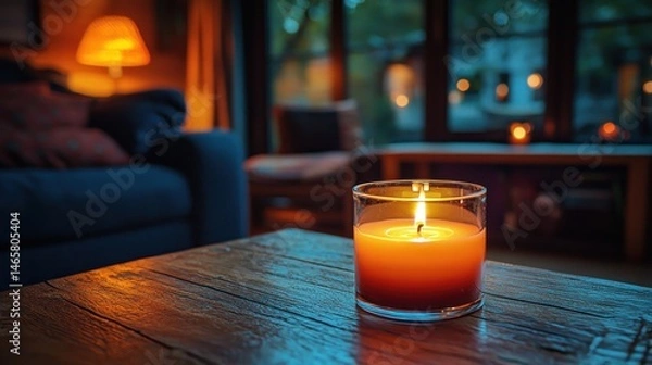 Fototapeta Cozy Evening at Home: A Lit Candle on a Wooden Table