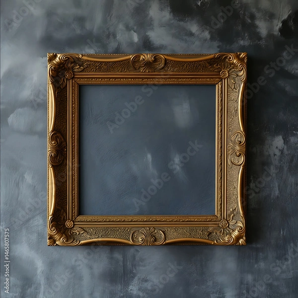 Obraz empty square canvas with epic golden frame on grey wall high definition photography