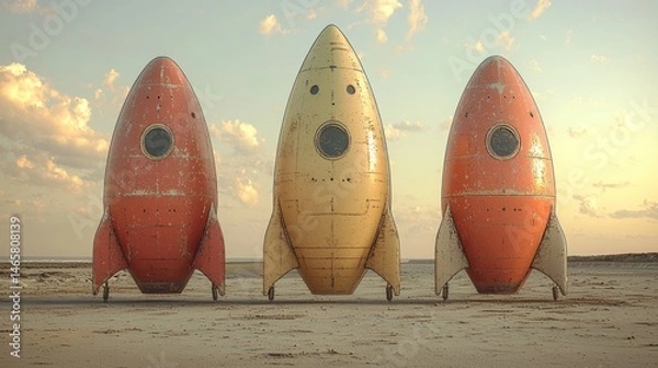 Fototapeta Vintage Rockets on a Beach at Sunset: A Dream of Space Exploration