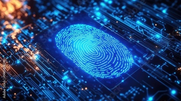 Obraz A close-up view of a futuristic fingerprint scanner embedded in a circuit board. showcasing intricate electronic patterns and glowing blue lines against a dark background