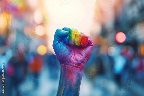 Fototapeta Fight for Rights with aRaised Fist Painted in Rainbow at Pride Parade Showing LGBTQ Solidarity, Protest Power, and Celebration of Queer Visibility