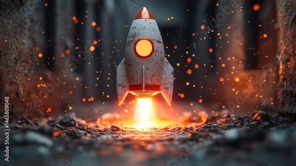 Fototapeta Launch into the cosmos, a vintage rocket embarking on an adventurous journey amidst fiery sparks.  The scene is set in a mysterious, dark setting, evoking a sense of anticipation and wonder.