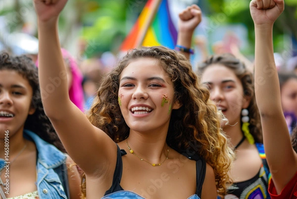 Fototapeta Protesters Raising Fists at the Pride Parade for Queer Visibility, Freedom, and Solidarity in a Bold Celebration of Rights