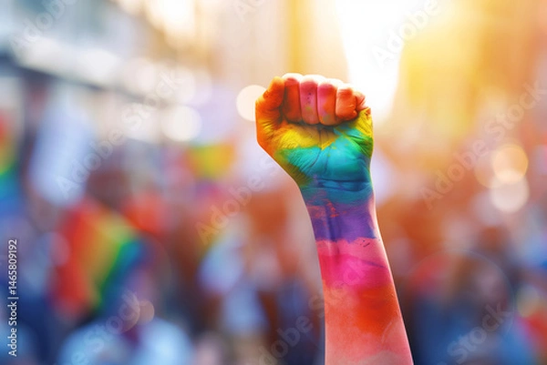 Fototapeta Fight for Rights with a Painted Rainbow Fist Raised at Pride Parade in Symbolic Support of LGBTQ Protest, Rights, and Colorful Queer Resistance